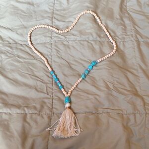 Boho Beaded Tassel Necklace - Tan and Turquoise NWOT
